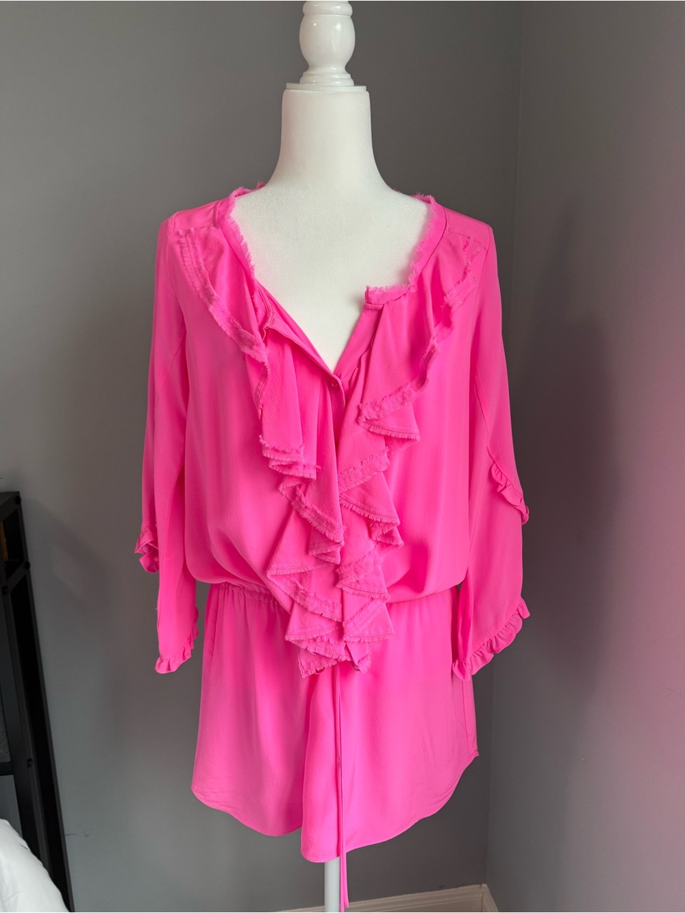 Rebecca Taylor Pink Dress Women’s Ruffle V-Neck 3/4 Sleeve - Swim Coverup